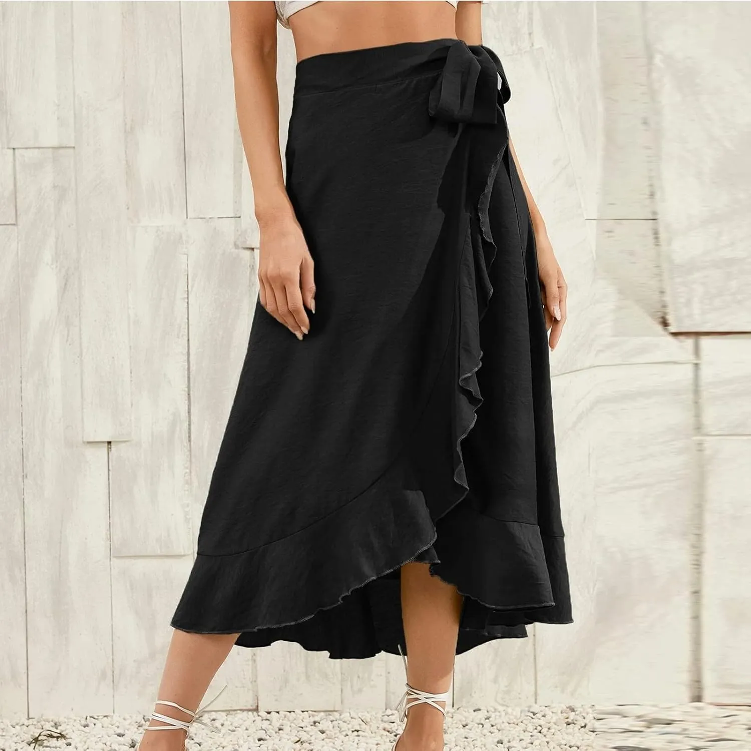 A Line Skirt for Women Elegant Flowy Ruffle Hip-Wrapped Skirts Lace up Irregular Skirt Fashion Solid Color Skirts