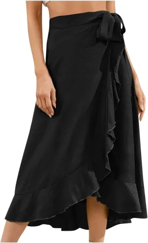A Line Skirt for Women Elegant Flowy Ruffle Hip-Wrapped Skirts Lace up Irregular Skirt Fashion Solid Color Skirts