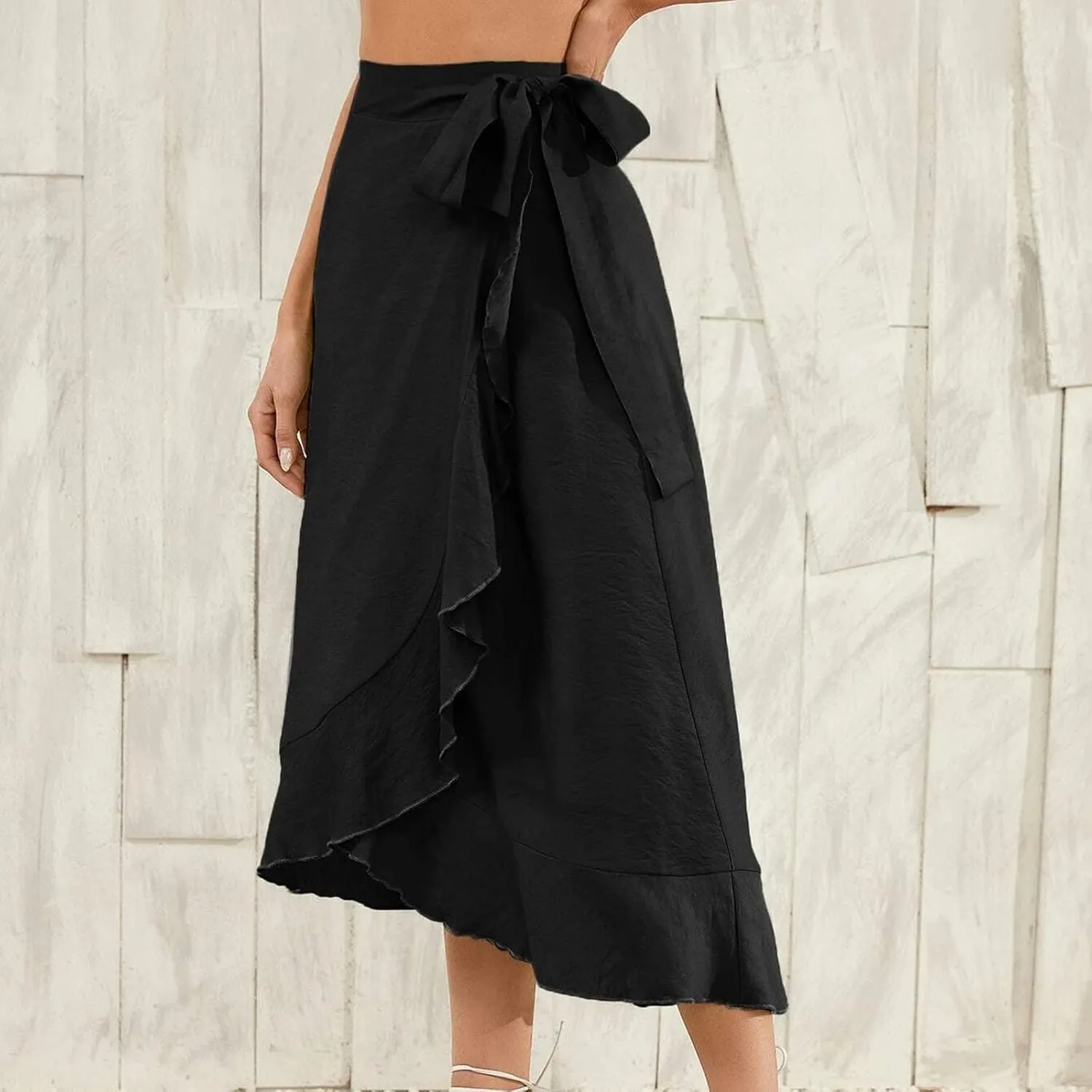 A Line Skirt for Women Elegant Flowy Ruffle Hip-Wrapped Skirts Lace up Irregular Skirt Fashion Solid Color Skirts