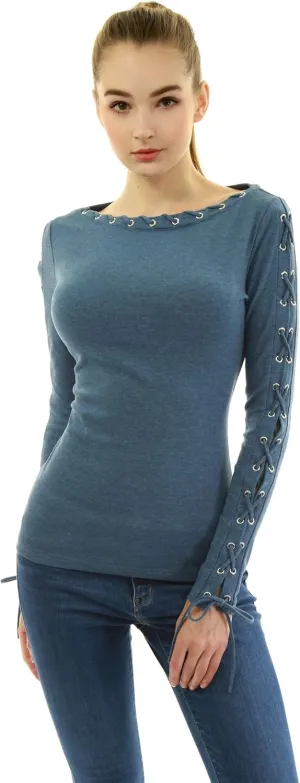 AmélieBoutik Women Boatneck Lace Up Trim Long Sleeve Blouse