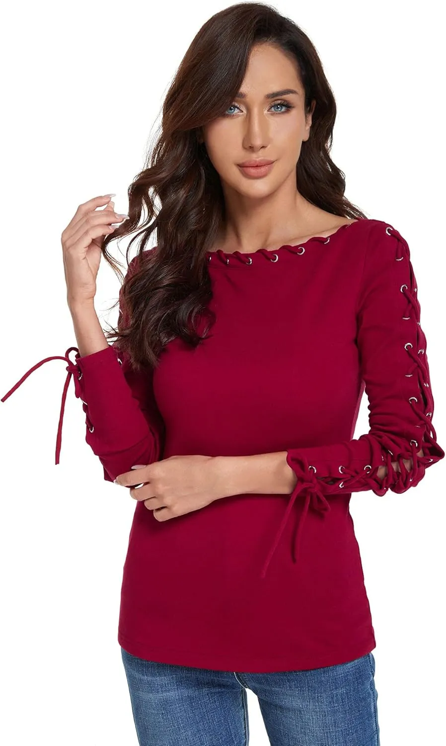 AmélieBoutik Women Boatneck Lace Up Trim Long Sleeve Blouse
