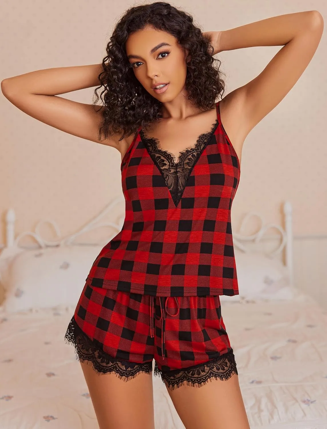 Avidlove Women Pajama Set Lace Trim Short PJ Set Modal V Neck Sleeveless Sleepwear Drawstring Waist Nightwear S~XXL