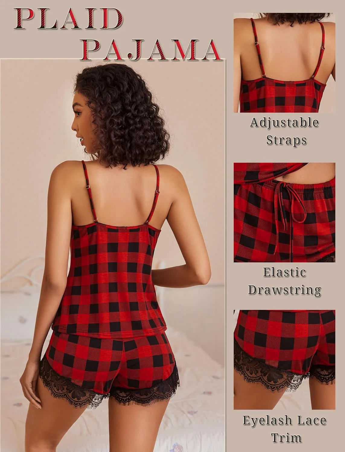 Avidlove Women Pajama Set Lace Trim Short PJ Set Modal V Neck Sleeveless Sleepwear Drawstring Waist Nightwear S~XXL