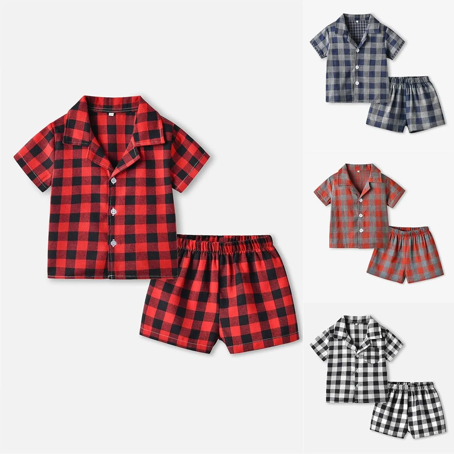 Baby Boys Button Down 𝐏ajamas Short Sleeve Cotton 𝐏a𝐣ama Sets Plaid 𝐏js Toddler Sl𝐞epwear Tops Shorts Loung𝐞wear