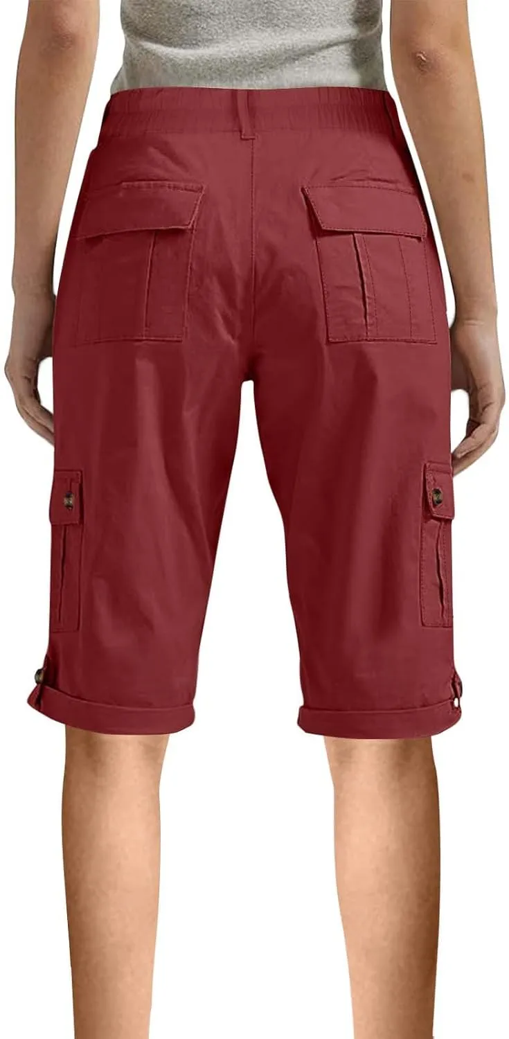 Bermuda Cargo Shorts for Women with 6 Pockets Knee Length Twill Half Casual Dressy Shorts Pants Bottoms