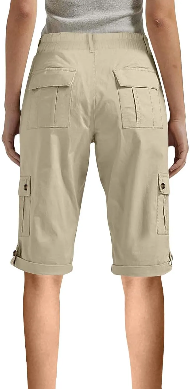 Bermuda Cargo Shorts for Women with 6 Pockets Knee Length Twill Half Casual Dressy Shorts Pants Bottoms