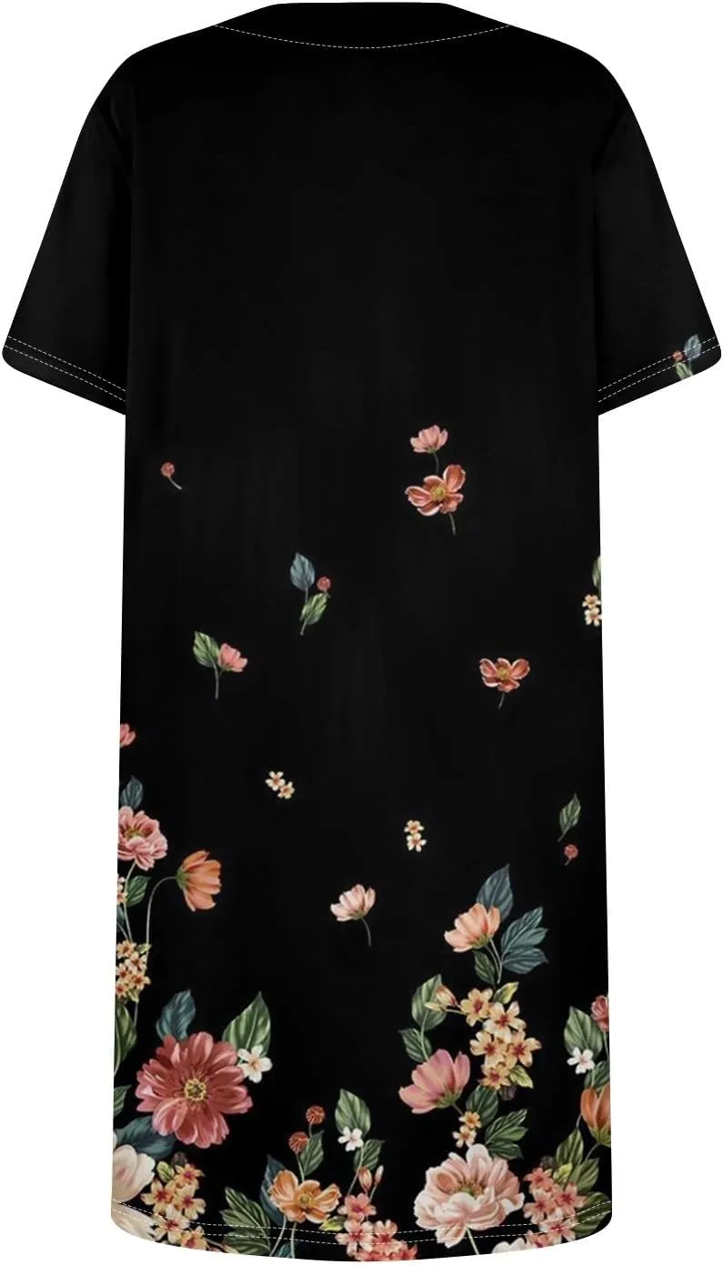 Boho Dress for Women Summer Square Neck T Shirt Dress Short Sleeve Fashion Short Dresses with Pockets