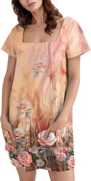 Boho Dress for Women Summer Square Neck T Shirt Dress Short Sleeve Fashion Short Dresses with Pockets