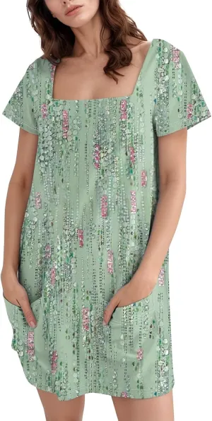 Boho Dress for Women Summer Square Neck T Shirt Dress Short Sleeve Fashion Short Dresses with Pockets