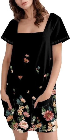 Boho Dress for Women Summer Square Neck T Shirt Dress Short Sleeve Fashion Short Dresses with Pockets
