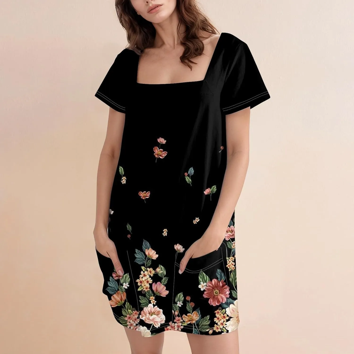 Boho Dress for Women Summer Square Neck T Shirt Dress Short Sleeve Fashion Short Dresses with Pockets