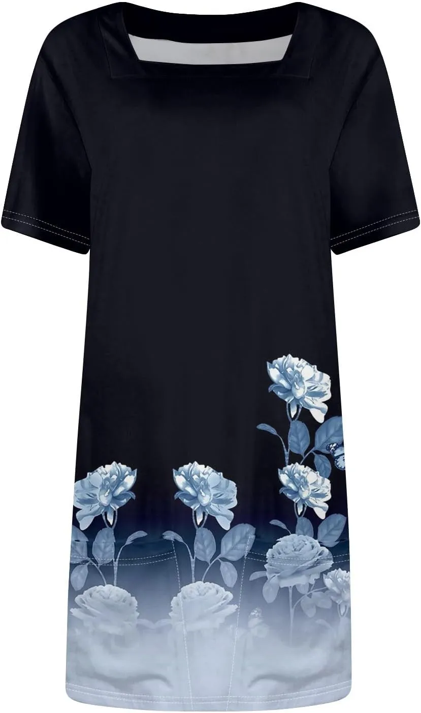 Boho Dress for Women Summer Square Neck T Shirt Dress Short Sleeve Fashion Short Dresses with Pockets