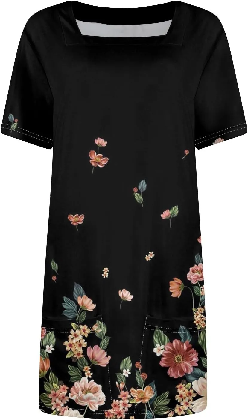 Boho Dress for Women Summer Square Neck T Shirt Dress Short Sleeve Fashion Short Dresses with Pockets