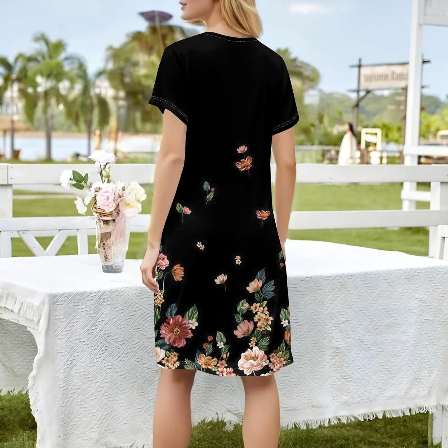 Boho Dress for Women Summer Square Neck T Shirt Dress Short Sleeve Fashion Short Dresses with Pockets