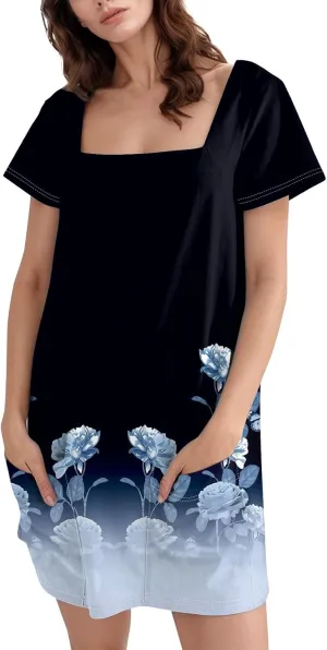 Boho Dress for Women Summer Square Neck T Shirt Dress Short Sleeve Fashion Short Dresses with Pockets