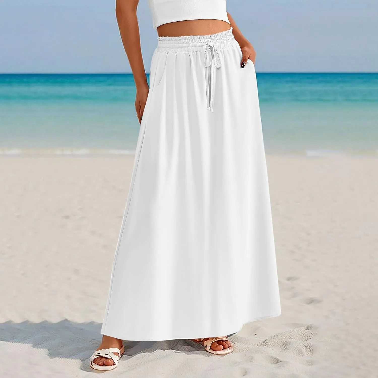 Boho Skirts for Women Casual Smocked Elastic High Waist Tie Long Maxi Skirt Summer Comfy Flowy Dress with Pockets