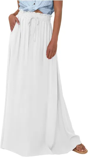 Boho Skirts for Women Casual Smocked Elastic High Waist Tie Long Maxi Skirt Summer Comfy Flowy Dress with Pockets
