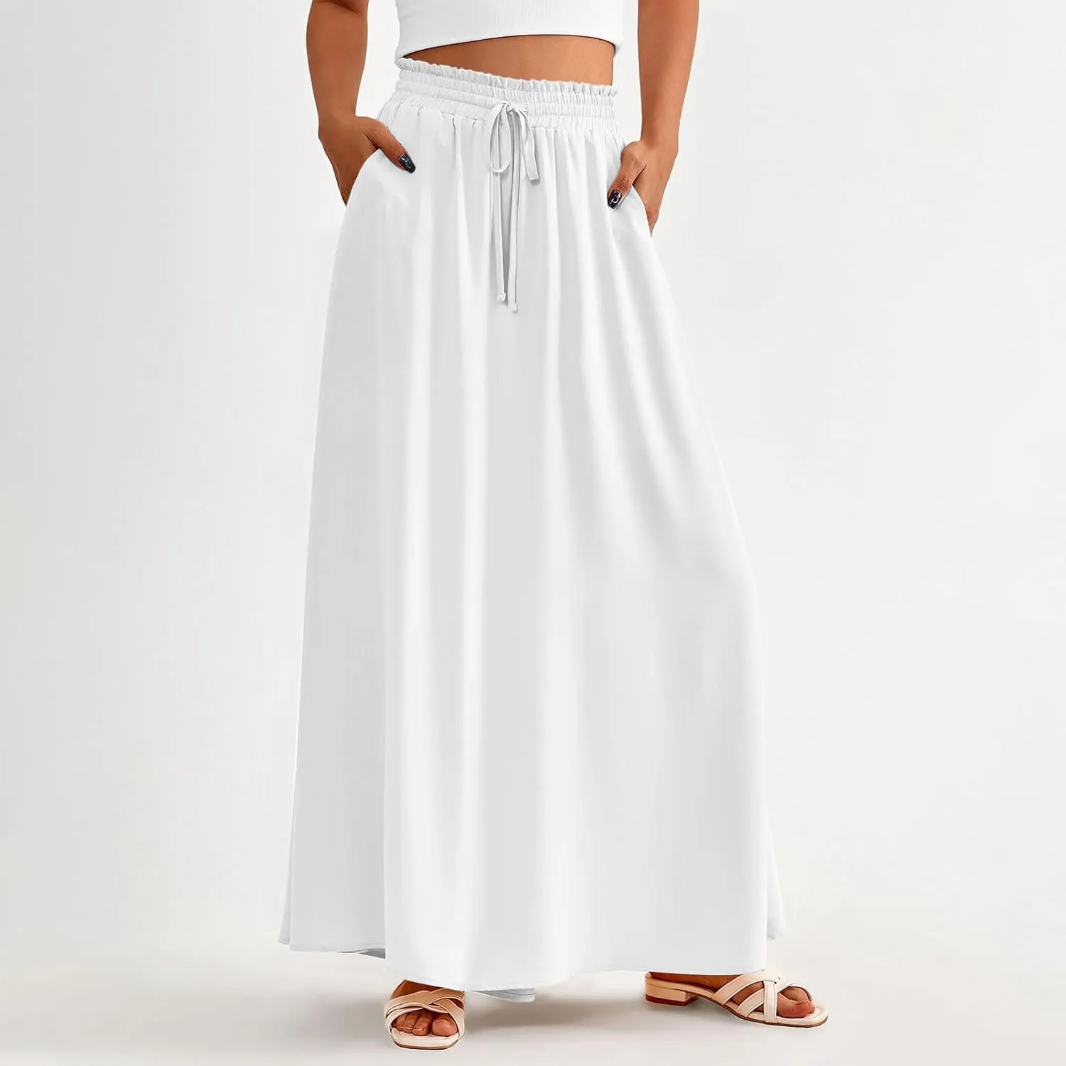 Boho Skirts for Women Casual Smocked Elastic High Waist Tie Long Maxi Skirt Summer Comfy Flowy Dress with Pockets