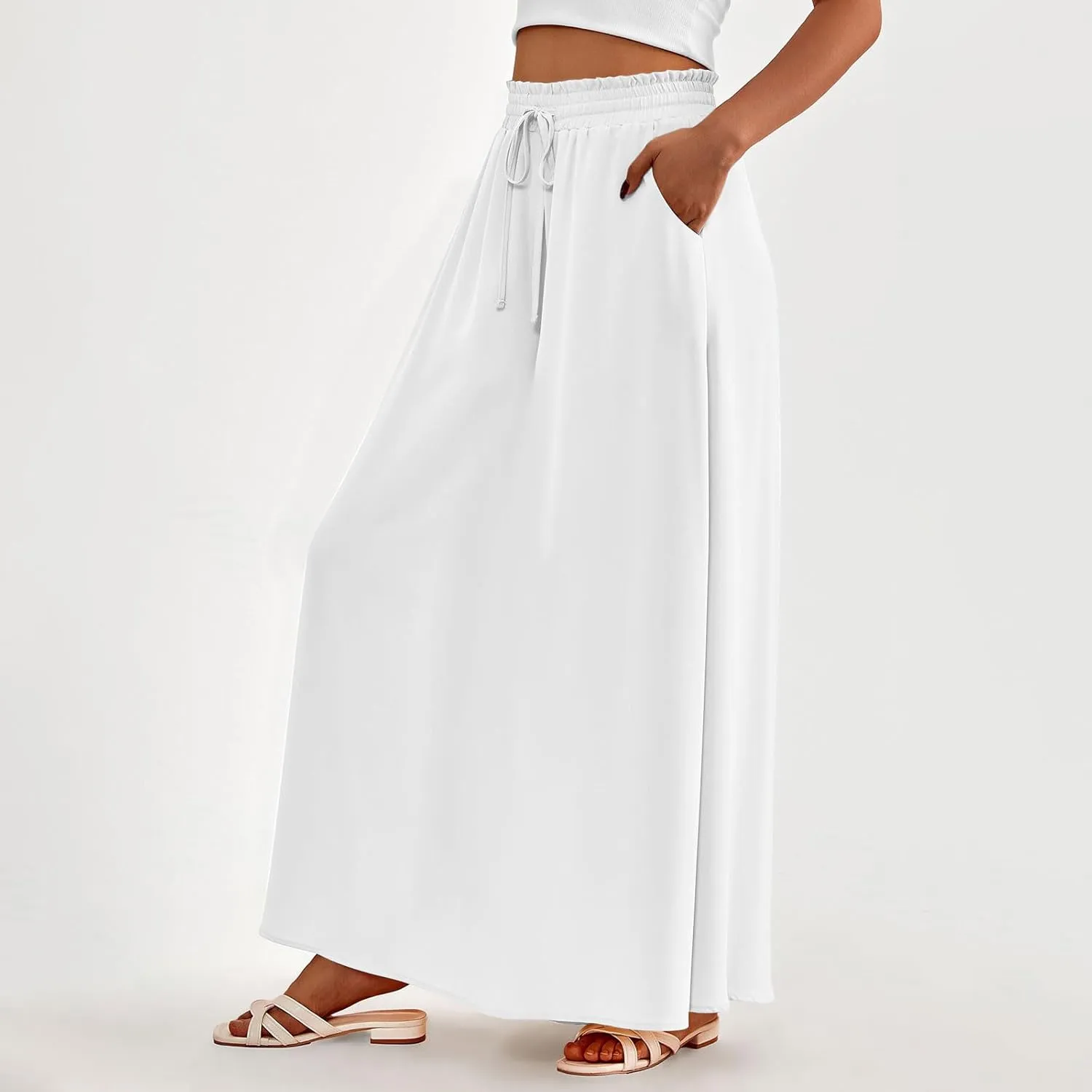 Boho Skirts for Women Casual Smocked Elastic High Waist Tie Long Maxi Skirt Summer Comfy Flowy Dress with Pockets