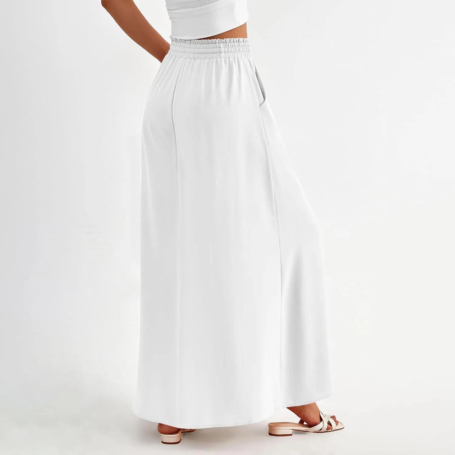Boho Skirts for Women Casual Smocked Elastic High Waist Tie Long Maxi Skirt Summer Comfy Flowy Dress with Pockets