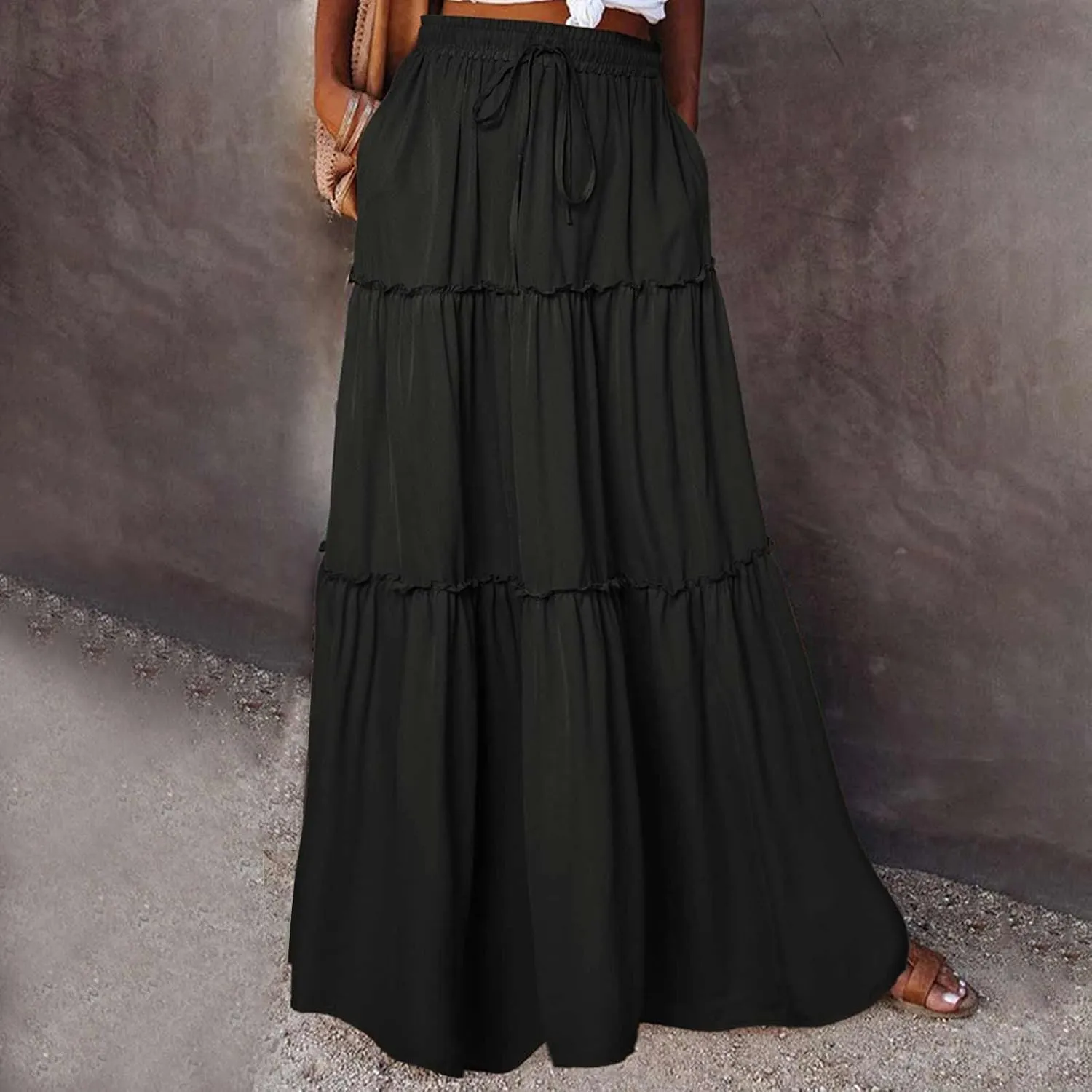 BTDECLAR Women's Summer Boho Skirts Elastic High Waist Pleated A-Line Flowy Swing Tiered Long Maxi Skirt Dress with Pockets