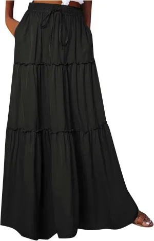 BTDECLAR Women's Summer Boho Skirts Elastic High Waist Pleated A-Line Flowy Swing Tiered Long Maxi Skirt Dress with Pockets