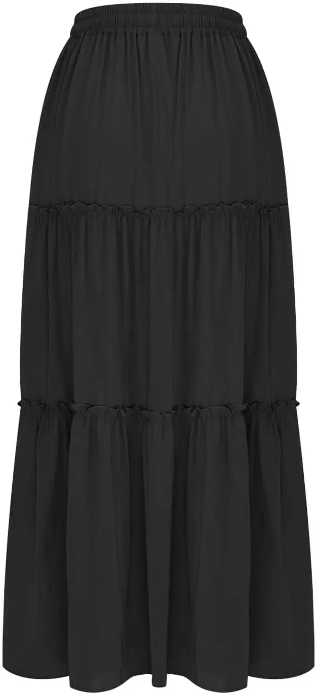 BTDECLAR Women's Summer Boho Skirts Elastic High Waist Pleated A-Line Flowy Swing Tiered Long Maxi Skirt Dress with Pockets