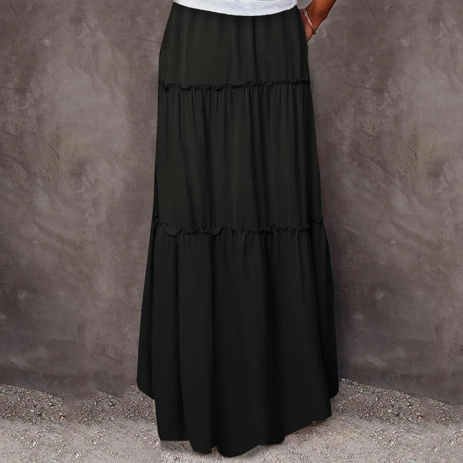 BTDECLAR Women's Summer Boho Skirts Elastic High Waist Pleated A-Line Flowy Swing Tiered Long Maxi Skirt Dress with Pockets