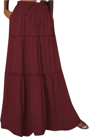 BTDECLAR Women's Summer Boho Skirts Elastic High Waist Pleated A-Line Flowy Swing Tiered Long Maxi Skirt Dress with Pockets