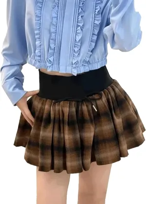 Bubble Skirt Plaid Pleated Tiered Ruffle Skirt for WomenFlowy Going Out Mini Balloon Skorts with Drawstring Elastic Waist