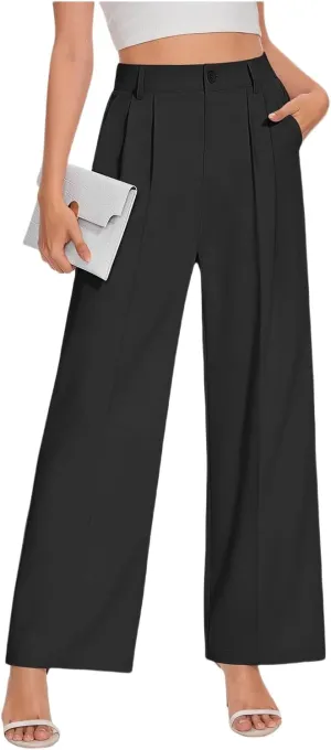 Business Casual Pants for Women Wide Leg High Waist Trousers Straight Leg Dress Pant Elastic Waist Palazzo Bottoms