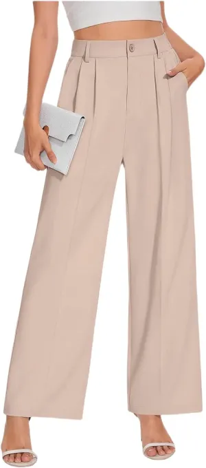 Business Casual Pants for Women Wide Leg High Waist Trousers Straight Leg Dress Pant Elastic Waist Palazzo Bottoms