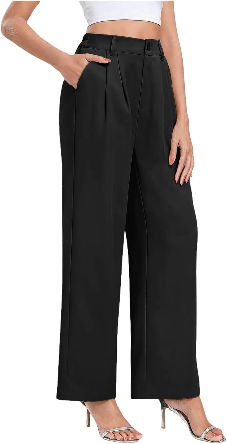 Business Casual Pants for Women Wide Leg High Waist Trousers Straight Leg Dress Pant Elastic Waist Palazzo Bottoms