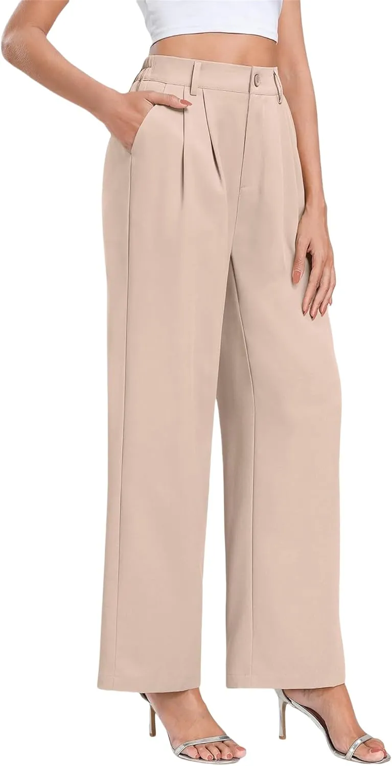 Business Casual Pants for Women Wide Leg High Waist Trousers Straight Leg Dress Pant Elastic Waist Palazzo Bottoms