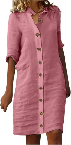Button Down Shirt Dresses for Women 2025 Summer Casual Midi Sleeve Shirt Dress Loose Beach Cover Up Dress with Pocket