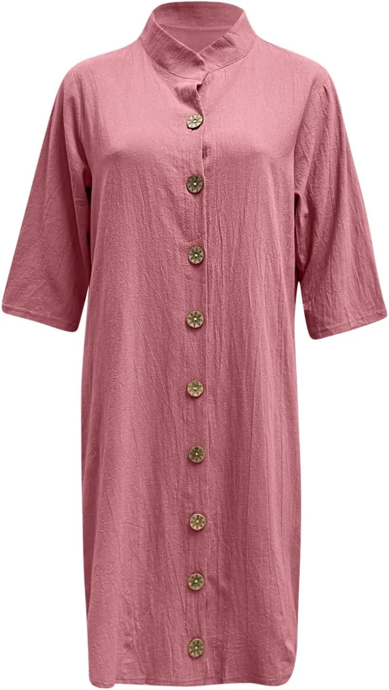 Button Down Shirt Dresses for Women 2025 Summer Casual Midi Sleeve Shirt Dress Loose Beach Cover Up Dress with Pocket