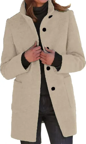 Canbebig Womens Pea Coats Wool Blend Coats Stand Collar Jackets Long Sleeve Overcoats Oversized Long Jackets with Pockets