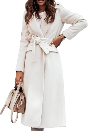 Canbebig Womens Trench Coat Wool Blend Wrap Coat Casual Lapel Jackets Long Pea Coat Warm Winter Coat with Belt and Pockets