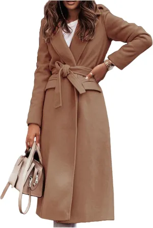 Canbebig Womens Trench Coat Wool Blend Wrap Coat Casual Lapel Jackets Long Pea Coat Warm Winter Coat with Belt and Pockets