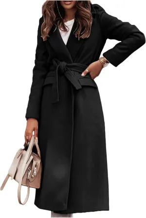Canbebig Womens Trench Coat Wool Blend Wrap Coat Casual Lapel Jackets Long Pea Coat Warm Winter Coat with Belt and Pockets