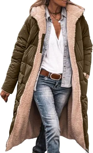 Canbebig Womens Winter Hooded Shearling Fleece Long Coat Quilted Puffer Jacket Reversible Zip Padded Coat Winter Warm Outwear