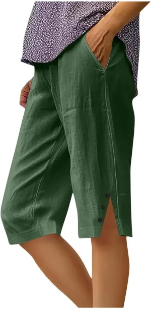 Capri Pants for Women Wide Leg Knee Length Shorts Lightweight Straight Leg Pants Beach Bermuda Shorts with Pockets