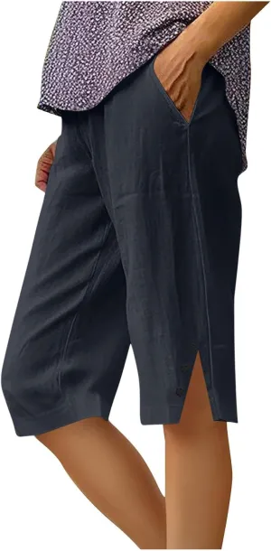 Capri Pants for Women Wide Leg Knee Length Shorts Lightweight Straight Leg Pants Beach Bermuda Shorts with Pockets