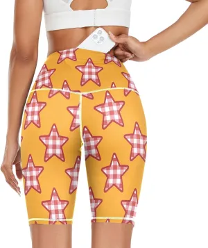 Cartoon Checkered Plaid Star Orange Printed Yoga Leggings for Women High Waist Dance Womens Compression Leggings with Pockets mallas para Mujer Cintura alta Large