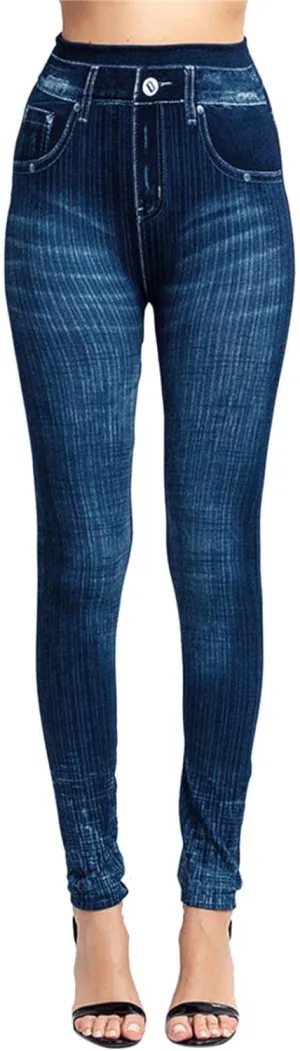 Casual Leggings for Women Simulation Jeans Imitation Denim High Waist Printed Tummy Control Pants Elastic Waist Compression Stretch Causal Tights Funny jumper patterned detachable Bleached Blue