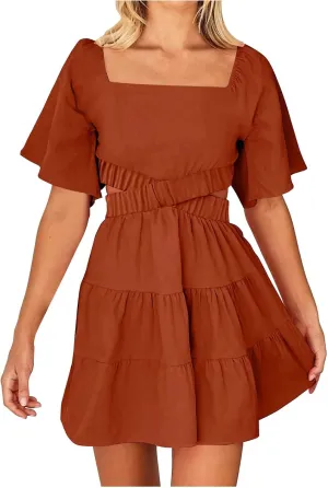 Ceboyel Women Square Neck Short Dress Cutout Tiered Summer Dresses Ruffle Casual Cute Mini Dress Vacation Outfits 2023