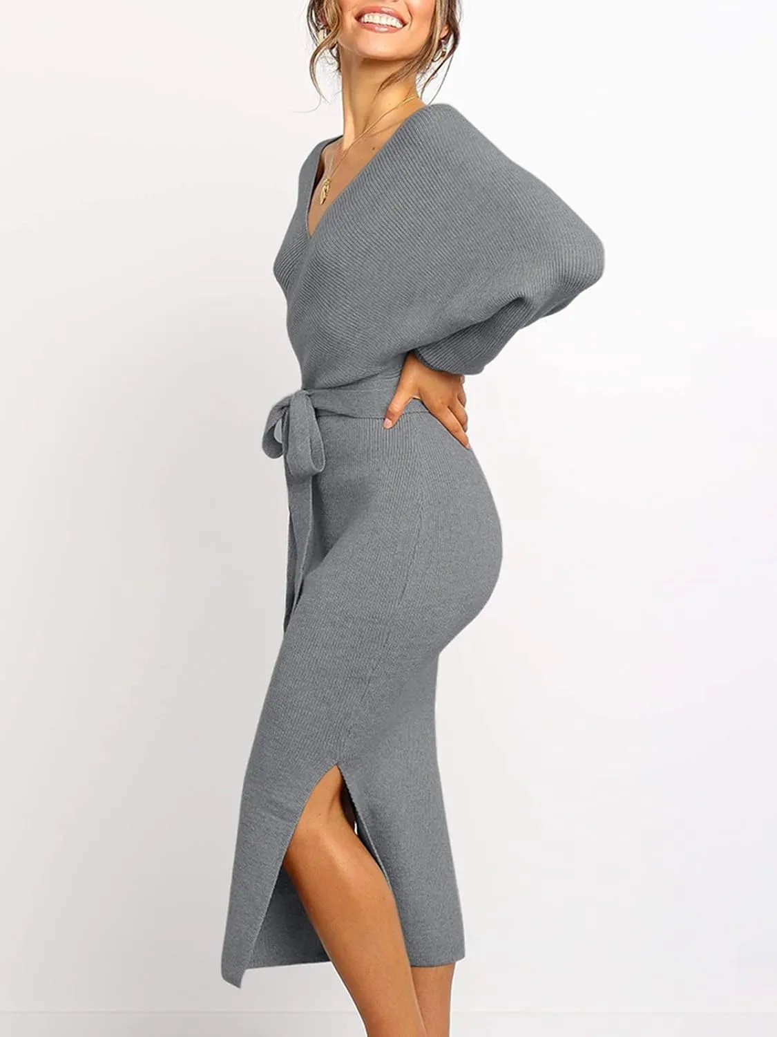 Chang Yun Women's Long Maxi Sweater Dresses Sexy Wrap Batwing V Neck Slit Open Back Holiday Bodycon Dress with Belt