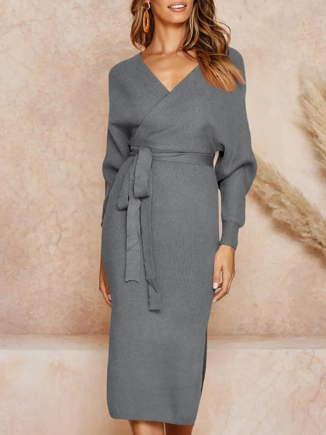 Chang Yun Women's Long Maxi Sweater Dresses Sexy Wrap Batwing V Neck Slit Open Back Holiday Bodycon Dress with Belt