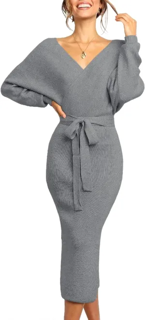 Chang Yun Women's Long Maxi Sweater Dresses Sexy Wrap Batwing V Neck Slit Open Back Holiday Bodycon Dress with Belt