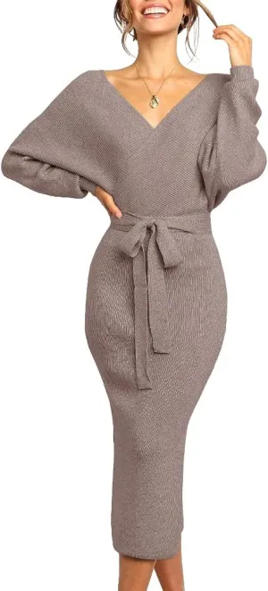 Chang Yun Women's Long Maxi Sweater Dresses Sexy Wrap Batwing V Neck Slit Open Back Holiday Bodycon Dress with Belt